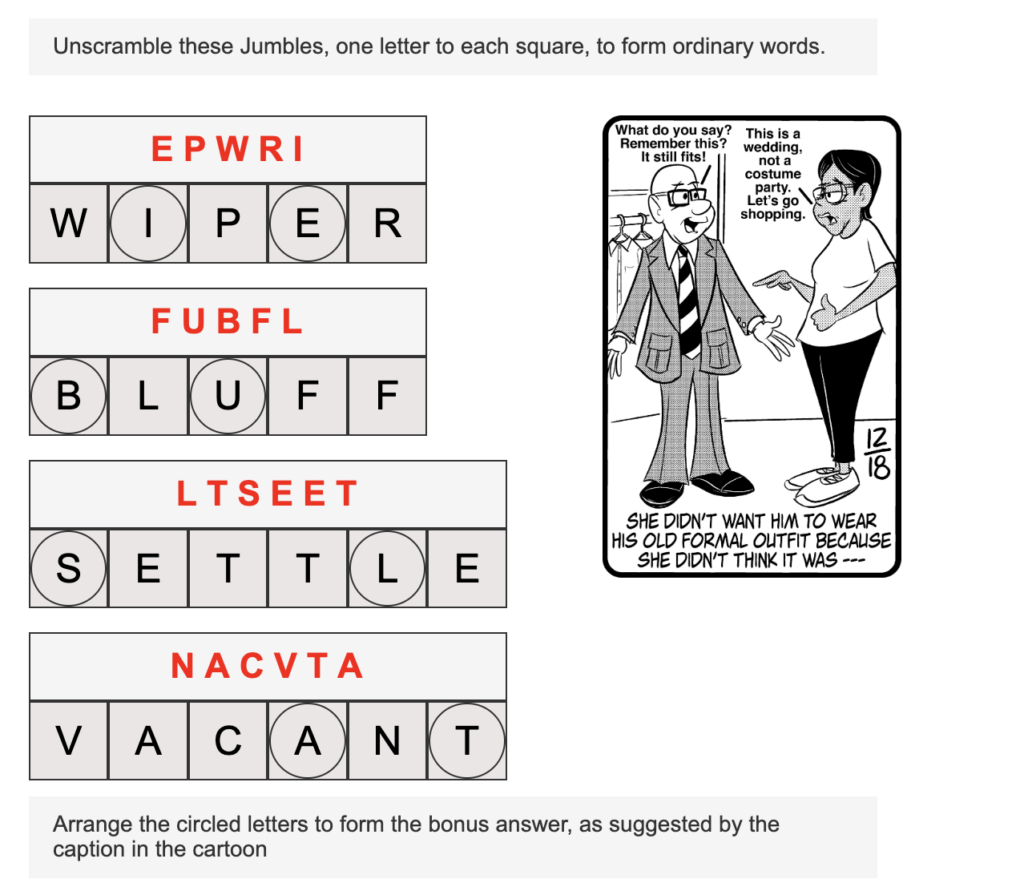An example of a daily Jumble problem from the Chicago Tribune website along with the solutions.